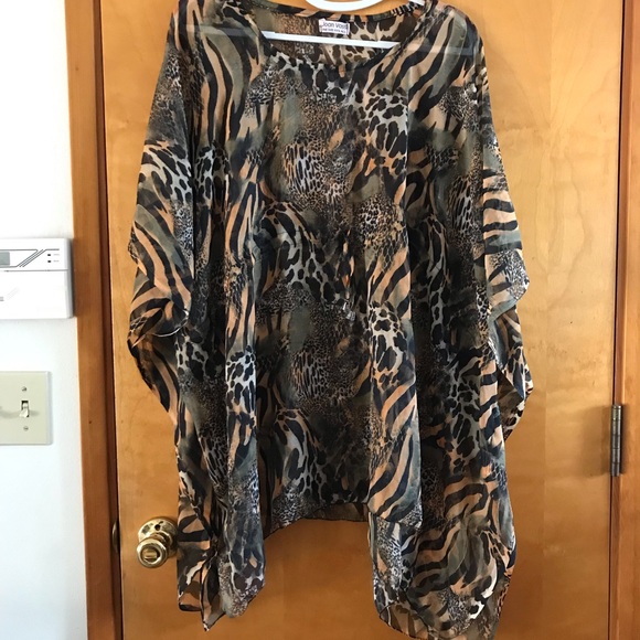 Joan Vass Tops - Animal Print Sheer Kimono Top - Neutral Tones